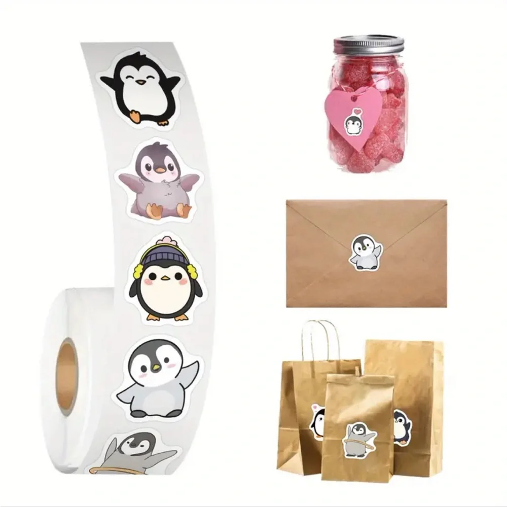 Roll of 500 Cute Penguin Stickers 8 Designs Vinyl Cartoon Roly Poly